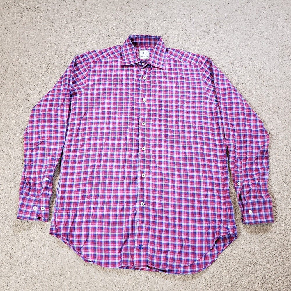 David Donahue Shirt Men Medium Red Blue Plaid Button Up Business‎ Casual Career